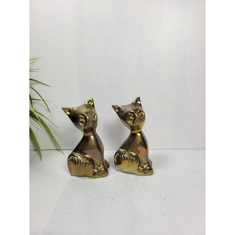 2 Vintage Brass Cat Figurines, Made in India MCM Decor